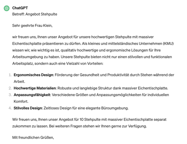 Die KI ChatGPT schreibt auf Anfrage ein E-Mail.